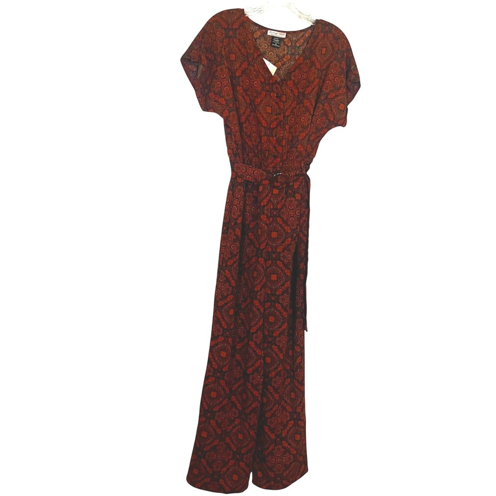 Ivory Love Rust Orange Paisley‎ Wide Leg Jumpsuit Belted V-Neck Medium NEW